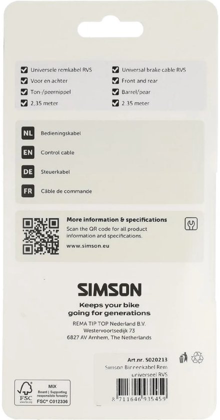 Achterkant verpakking Simson rem binnenkabel met specificaties zoals 'Universele remkabel RVS' en '2,35 meter'.