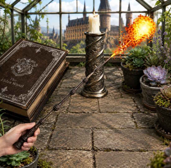 De Elder Wand toverstaf met vlammen uit de punt, naast een boek en kaars in een broeikas.
