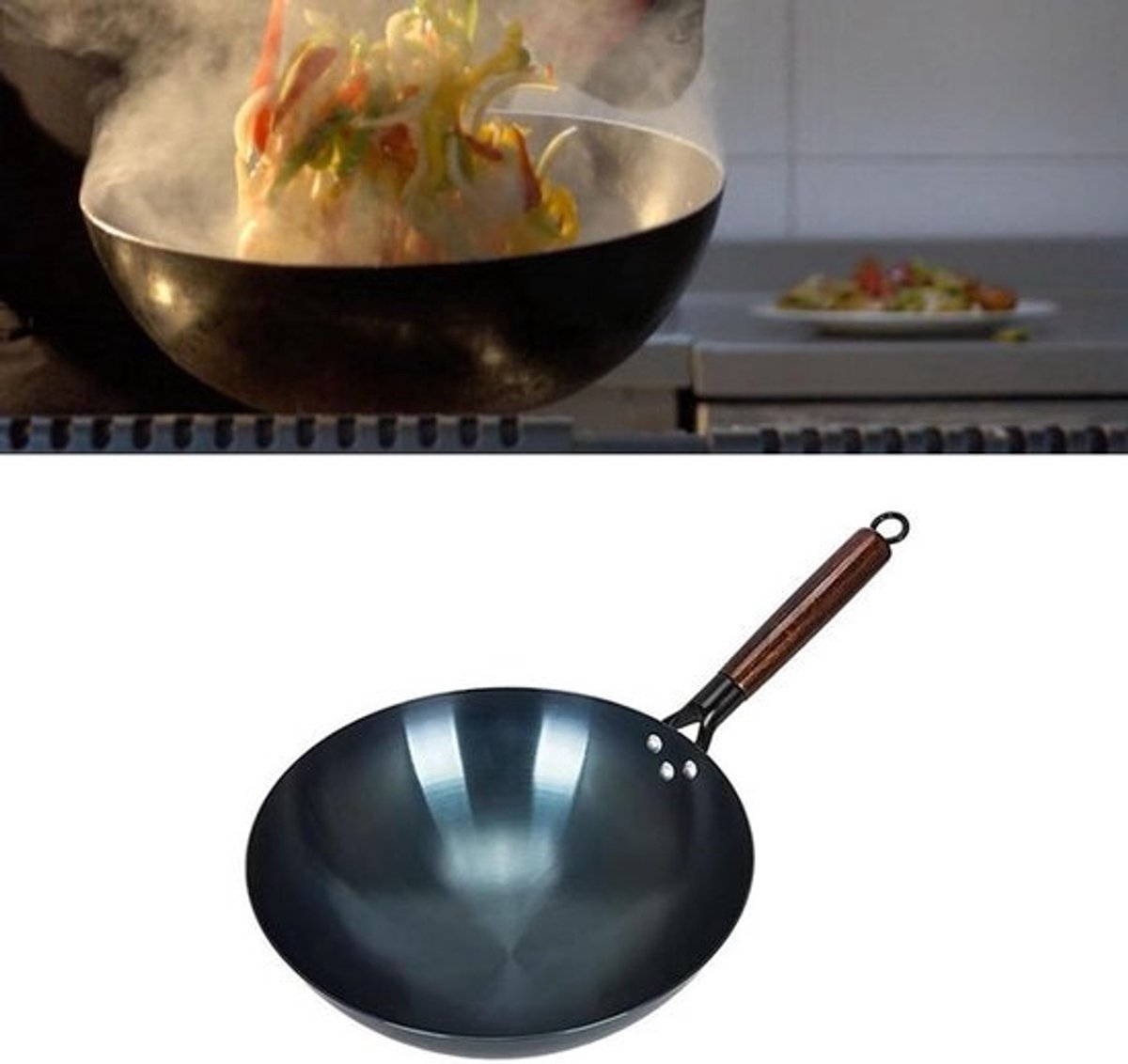 Wokpan Ijzer - Roerbakpan Ronde Bodem - Gelijkmatig Koken - Enkele Handgreep - 36cm - Zwart