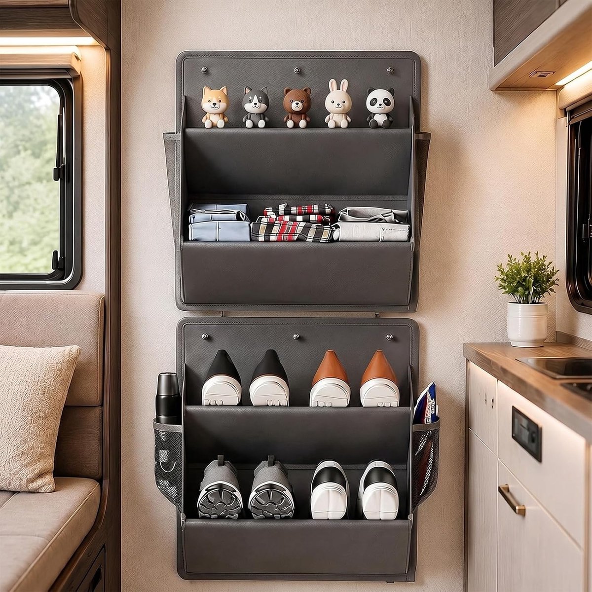 Schoenorganizer voor camper, verpakking van 2 stuks, hangend met plakband, ruimtebesparende schoenhouder voor caravan, campingaccessoires, kast en deur, campingorganizer met diepe zakken