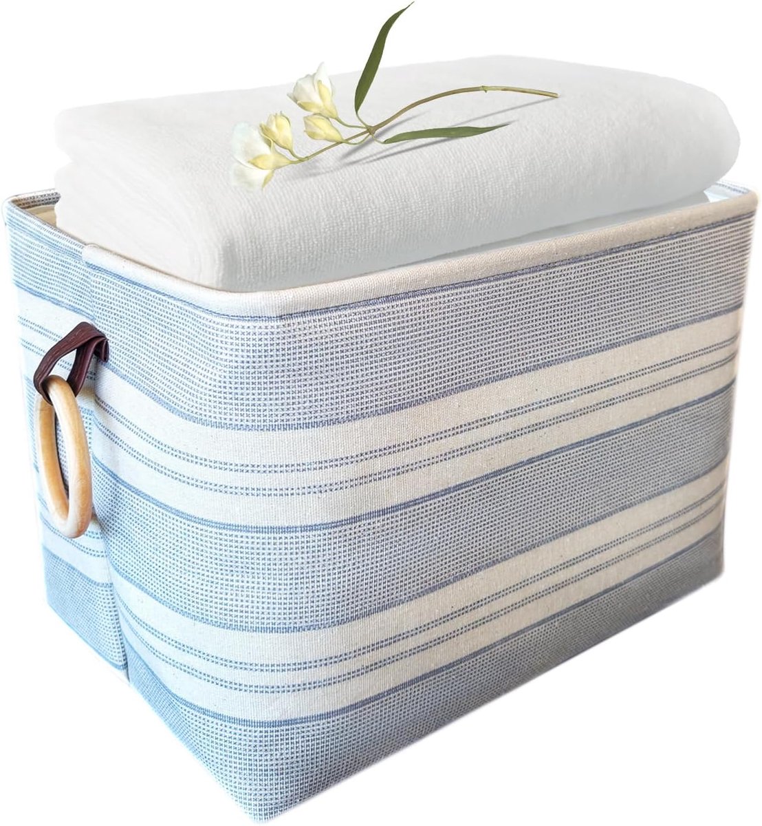 manden, opvouwbaar, met houten handgrepen, 40 x 30 x 28 cm, blauw, 35 l, organizer, mand voor kast, badkamer, kinderkamer, rechthoekig, decoratieve mand, opbergdoos voor dekens