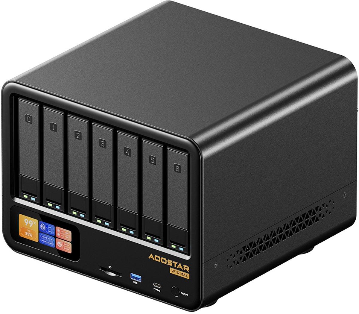 AOOSTAR WTR MAX NAS-minipc-barebone met 11 bays (zonder RAM/SSD), secundair scherm, AMD R7 Pro 8845HS (8 cores, tot 5,1 GHz), ondersteuning voor drie schermen (HDMI+DP+USB4), 2x 2,5G LAN, 2x Intel X710 10G LAN, 3x USB 3.2, 1x Oculink, 1x SD-kaartslot