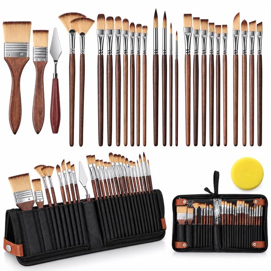 Een set van 36 diverse verfkwasten met houten handvatten, inclusief spatels en een gele spons, opgerold in een zwarte etui.