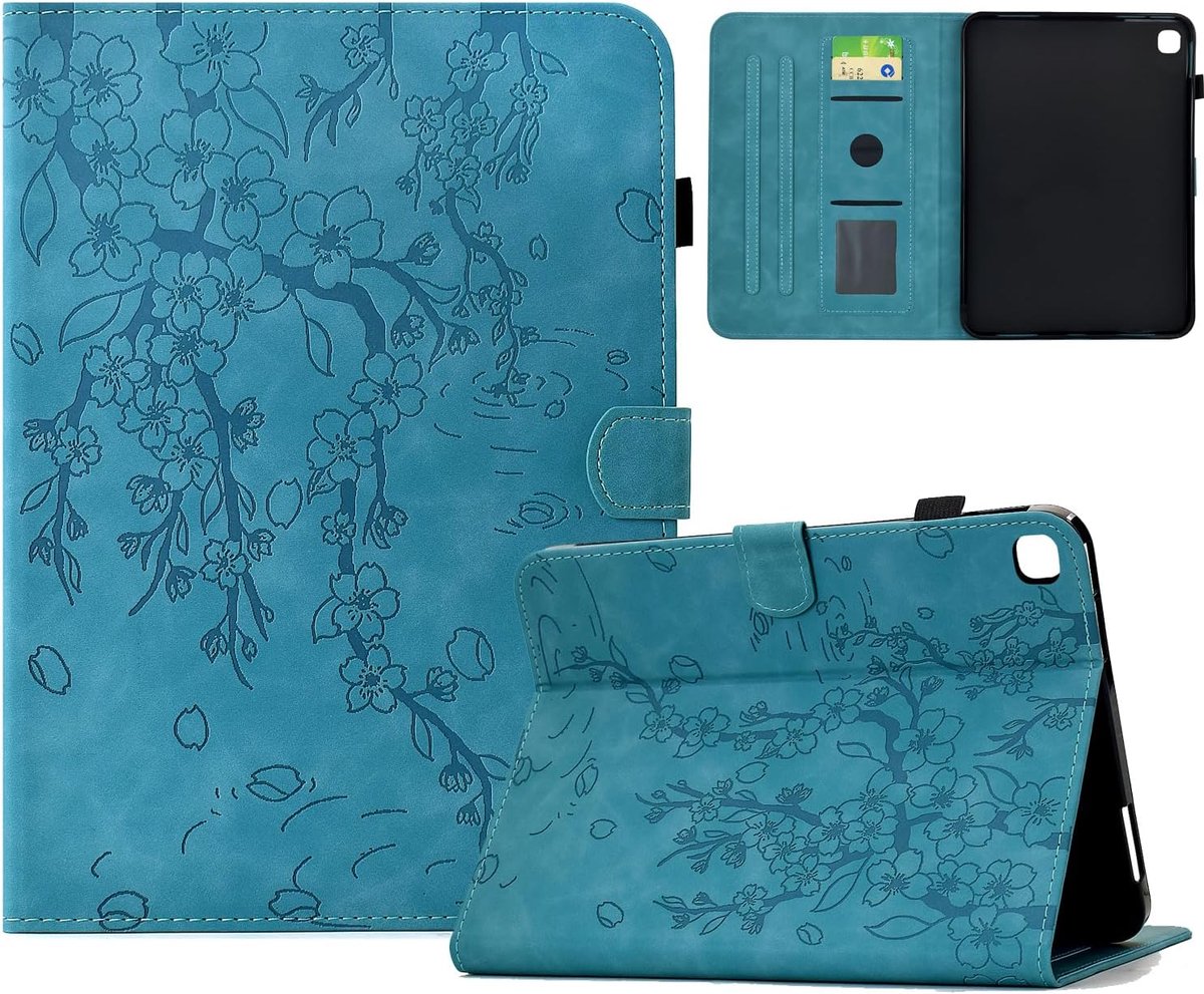 Beschermhoes voor iPad 10,2 inch (9.a/8.a/7e generatie, 2021/2020/2019), Retro kersenbloesemhoes met penhouder, meerdere kijkhoeken, magnetische sluiting - lichtblauw