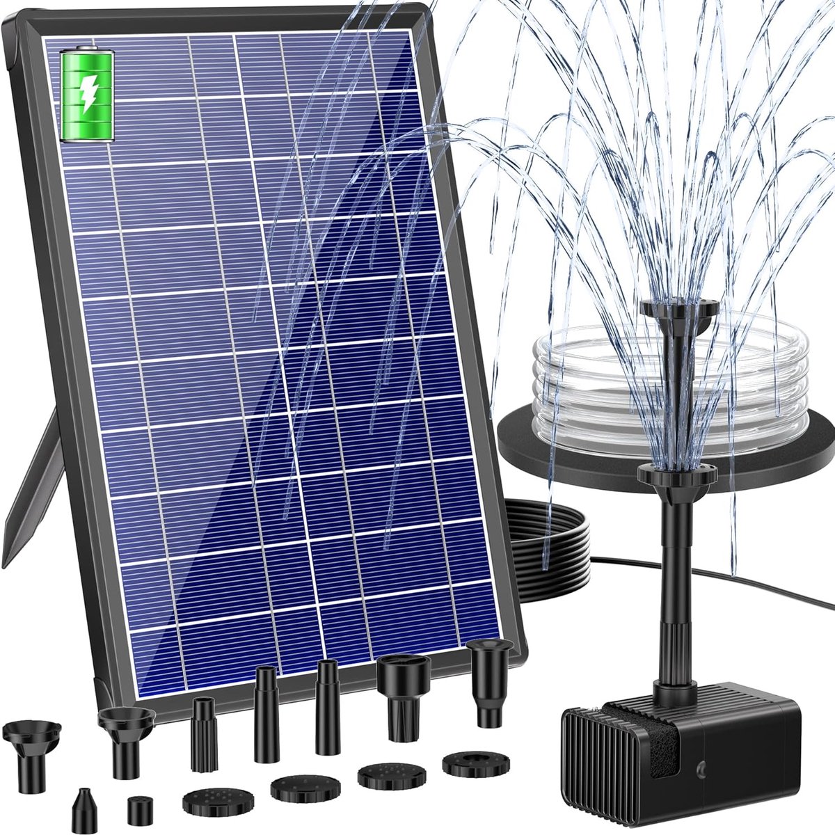 Fontein op Zonne-energie voor Buiten, 8 W met 4000 mAh Accu, Stille 300 l/u Vijverpomp met 8 Sproeiers, Beekloopslang voor Tuinvijvers, Ventilatie tot 500 Liter