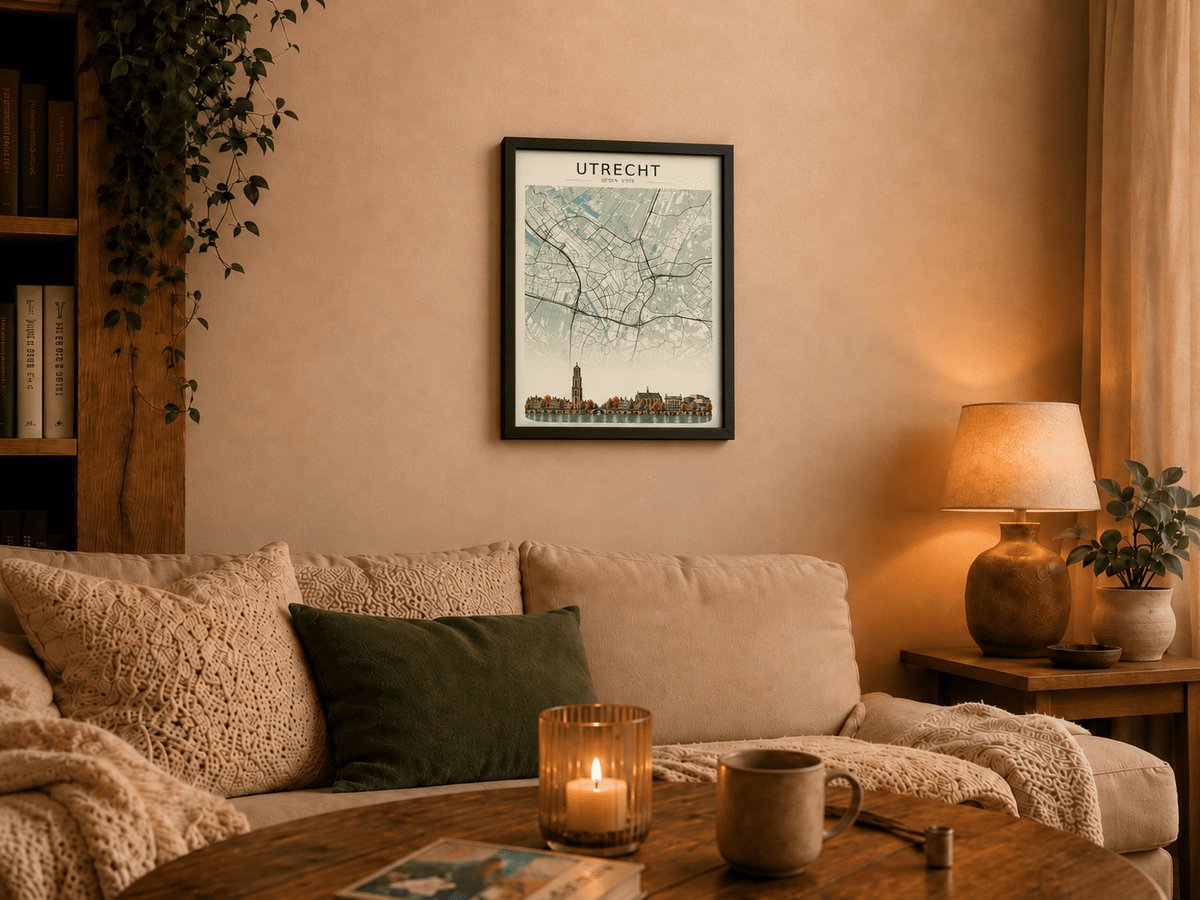 Utrecht Stadskaart Poster | Vintage Kaart met Skyline | Inclusief Zwarte A4 Lijst