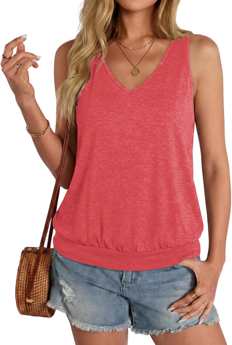 Top voor dames, zomer, mouwloos, tanktop, V-hals, stretch, losse basic tops