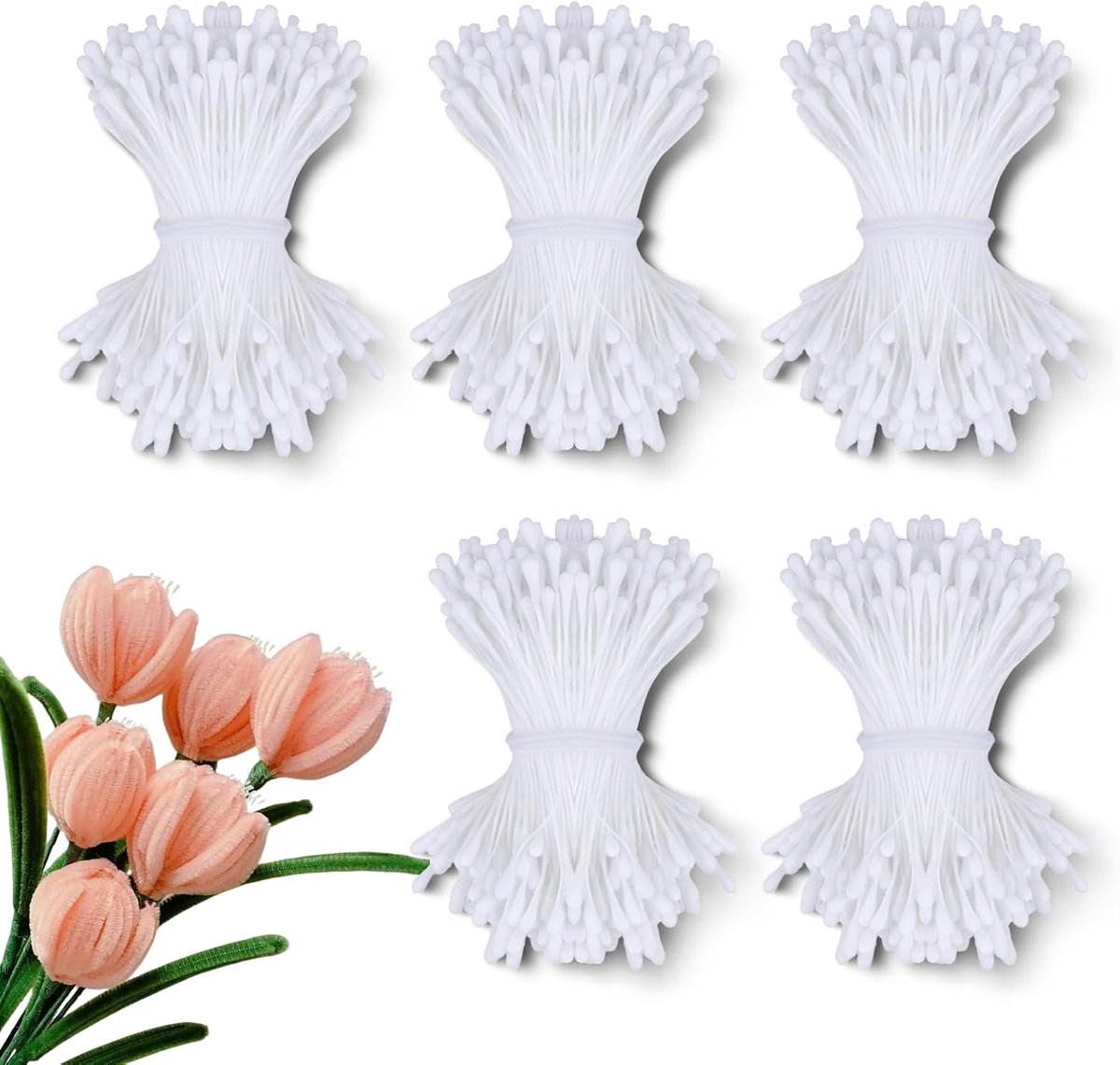 1800 stuks dubbele kop meeldraden voor het maken van bloemen, 2 mm mat geel bloemen stuifmeel meelmeel, kunstmatige bloem stamper voor ambachten handgemaakt boeket arrangement doe-het-zelf (wit)