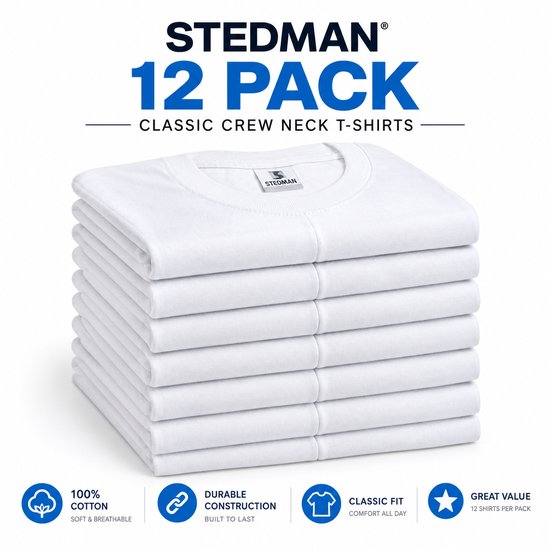 Pack de 12 t-shirts Stedman blancs classiques en coton à col rond, taille M.