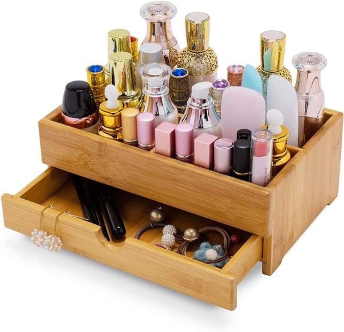 Bamboe Desktop Organizer - Opbergdoos Bureau - Cosmetica Opbergen - Met Laden - 10.6x5.9x4.3 inch - Geel
