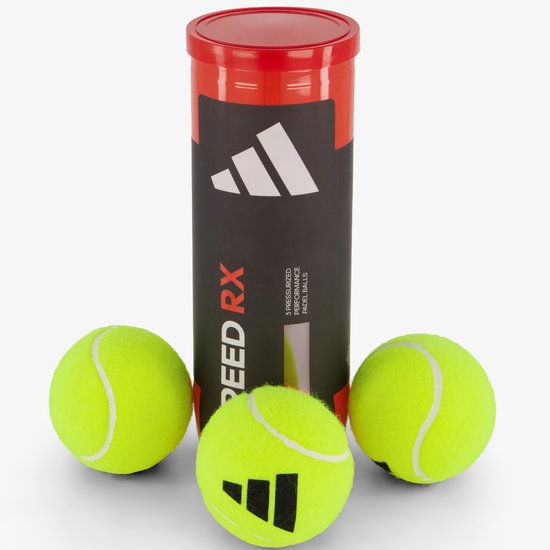 Rode Adidas "Speed Rx" verpakking met witte logo's, omringd door drie gele padelballen met het Adidas logo.