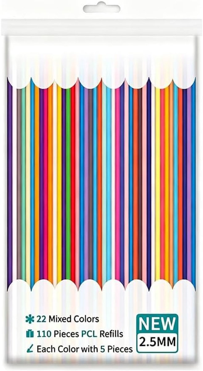 110 stuks PCL filament navulverpakking voor 3D-pen, 22 kleuren, 3D-printpen, filamentset, 1,75 mm, 2,5 mm, compatibel met 3D-penvullingen, 15 cm lengte per streng voor 3D-pennen voor kinderen en