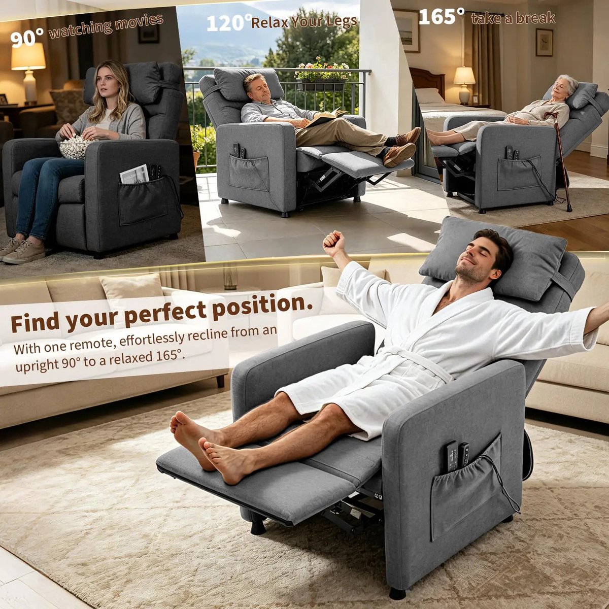Gudalio Relaxfauteuil - Massagestoel - Relaxstoel - Elektrische Stoel - Ligstoel - Verwarming - Voetsteun - Zijvak - Massage - Grijs – foto 5