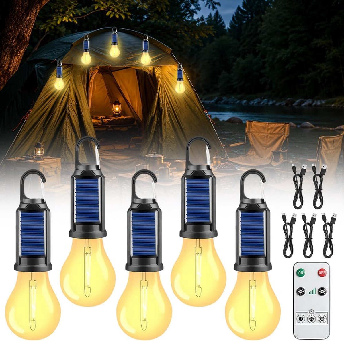 5 stuks campinglamp, oplaadbaar, draagbare tentlamp, led-campinglamp, helderheid instelbaar, 3 lichtmodi, campinglicht met karabijnhaak, waterdichte campinglamp voor outdoor, noodgevallen