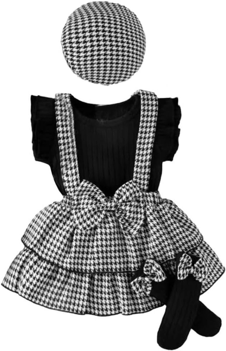 Babykleding voor meisjes, geruit, mouwloos, geribbeld, bovendeel, rok met muts, sok, babyoutfit