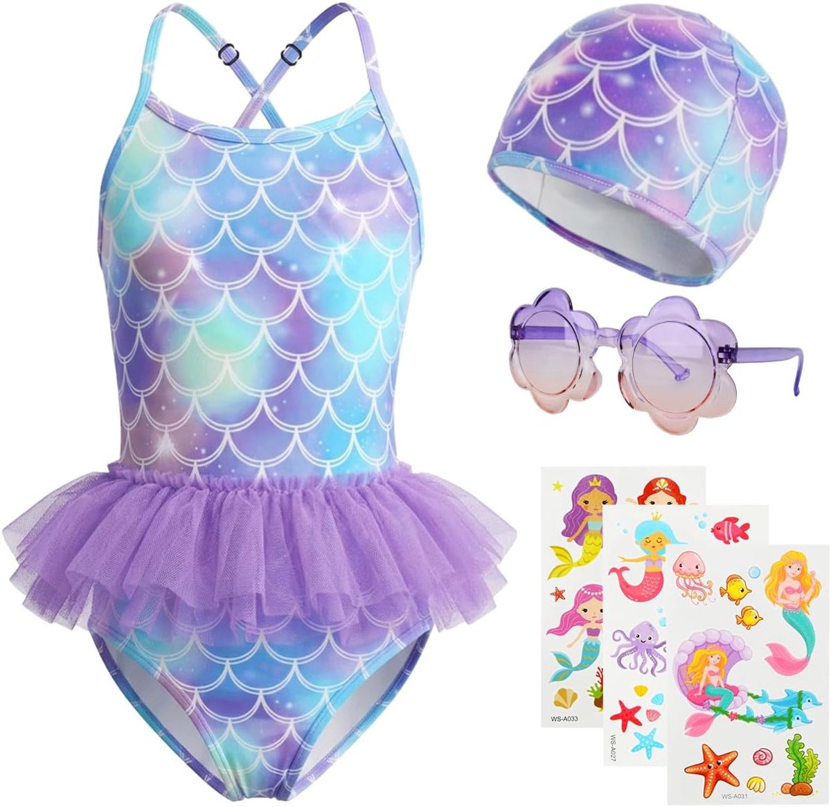 Badpak voor meisjes, zeemeermin-badpak voor meisjes, 4-in-1 set met muts, zonnebril en tatoeages, verstelbare bandjes, voor zee en zwembad