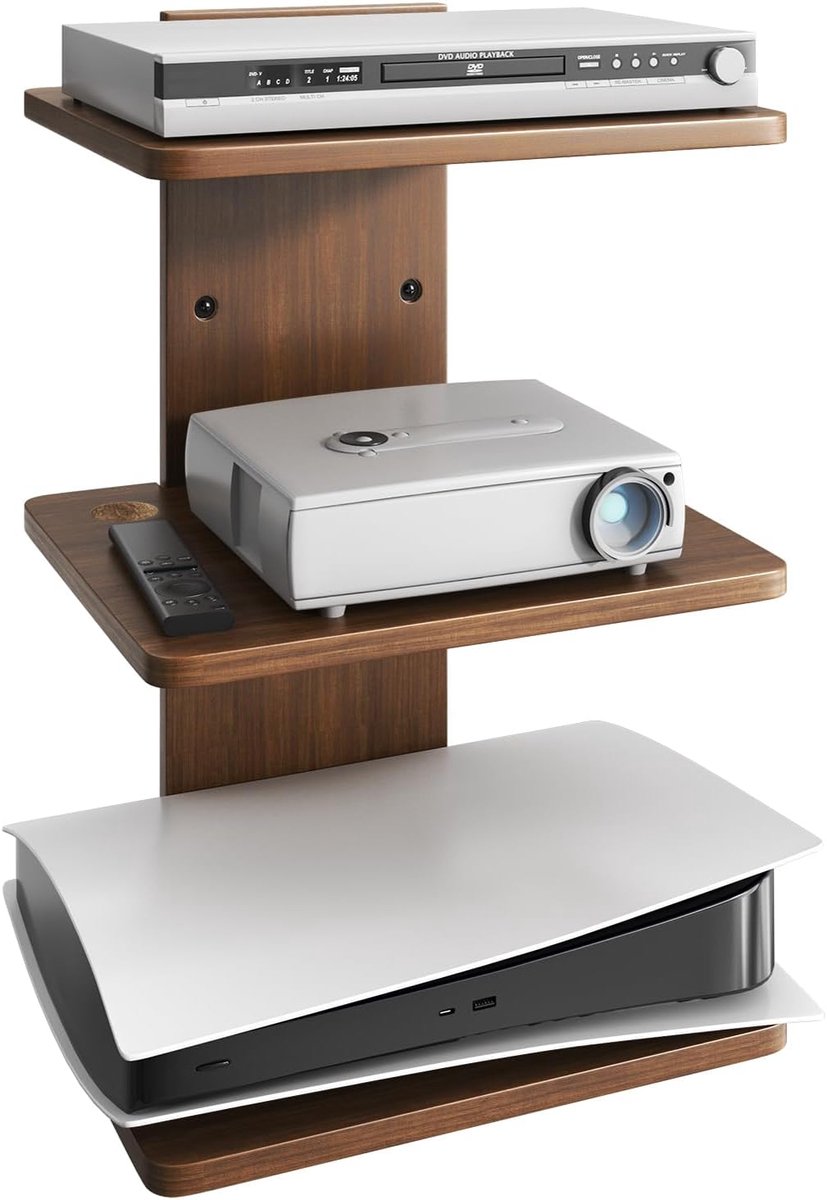 wandplank 3 niveaus voor projector, Walnoot Bruin
