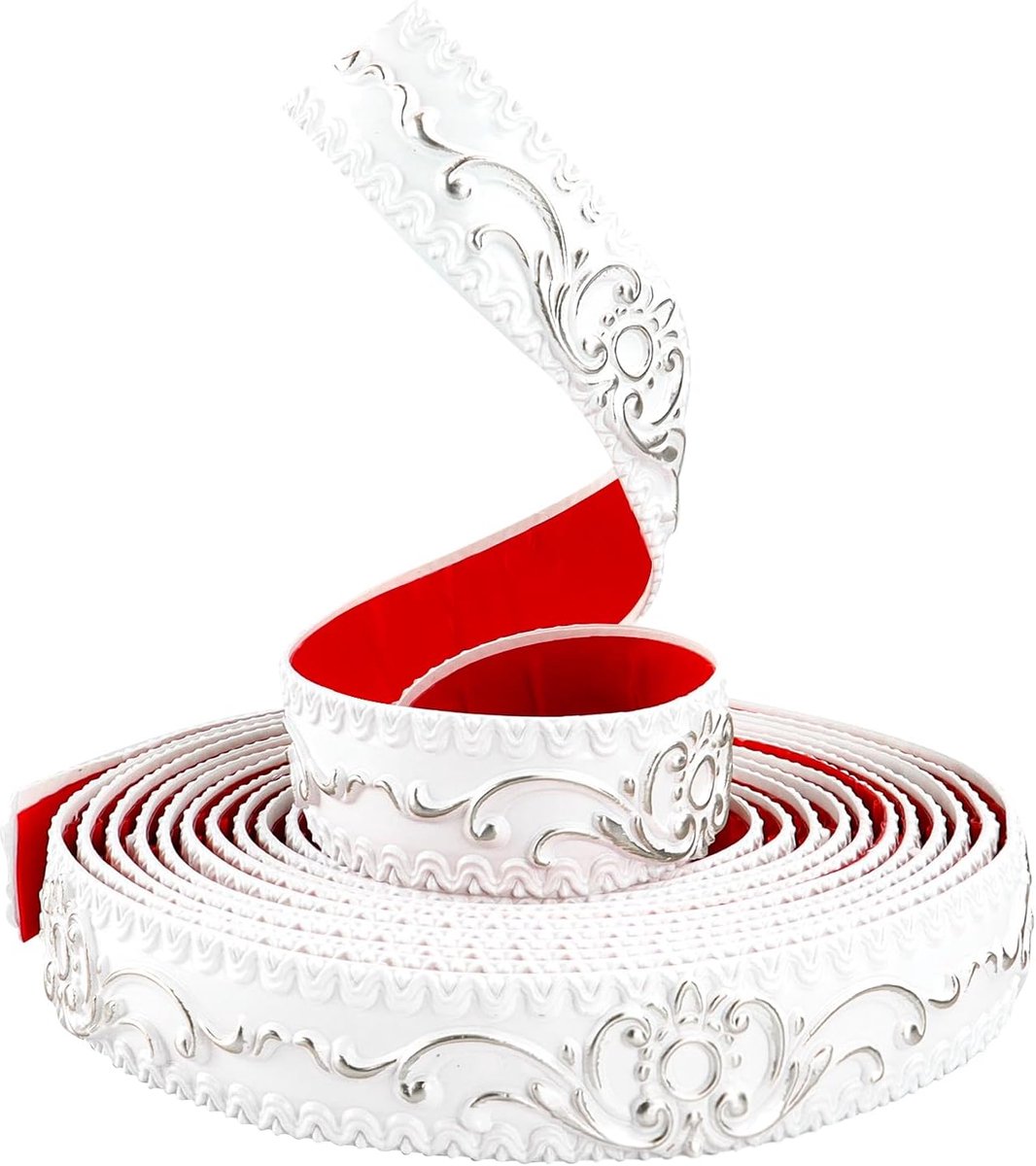 6 meter flexibele sierlijsten wandbekleding, zelfklevende beschermfolie verwijderen en opplakken, decoratieve sierlijsten voor wandpanelen, 3D-behangrand, plintrand (wit met zilver, 3,6 cm B)