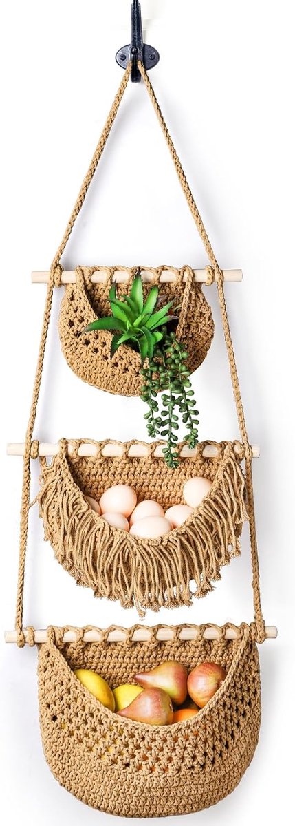 Hangende fruitmand met 3 niveaus, aan de muur hangende groentenfruitmanden, katoenen geweven opbergmanden voor organisatie, BOHO wandmand decoratie, over de deur organizer voor keuken