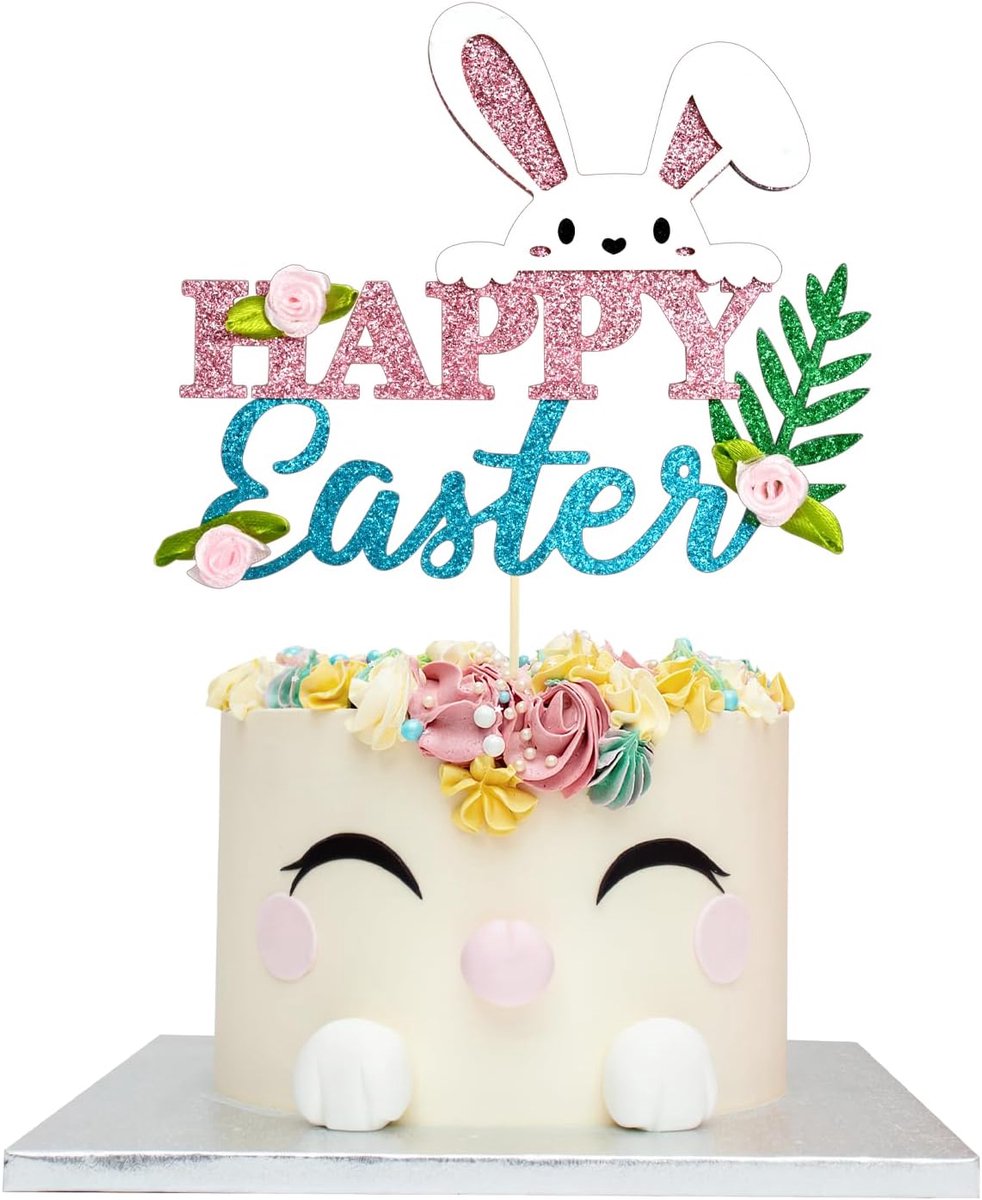 Taartdecoratie, taarttopper, Pasen, glitter, hazen, taartdecoratie, schattige taartdecoratie voor Pasen, Happy Pasen, taartdecoratie voor paasthema, feestaccessoires