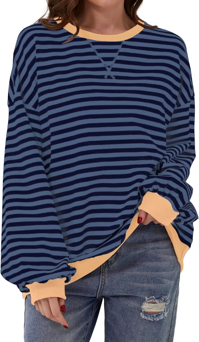 Sweatshirt,Y2K, voor dames, gestreept, oversized, lange mouwen, herfst, ronde hals, sweatshirt