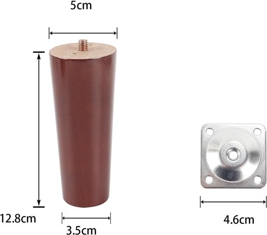 Poten, 12 cm rechte kegelvervangende poten met schroeven, montageplaat en antislip pads voor bank, fauteuil, kast, tv-standaard (walnoot) — afbeelding 5