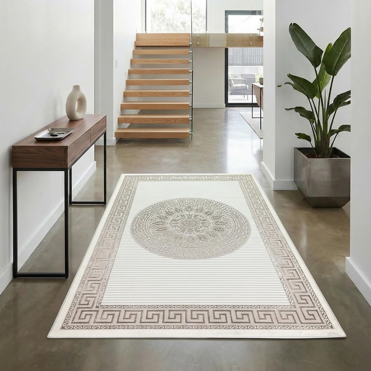 Vloerkleed voor de woonkamer, laagpolig tapijt, hal, loper, kort, oosters, elegant, oosters, glanzend, ornamenten, crème, beige, 60 x 110 cm