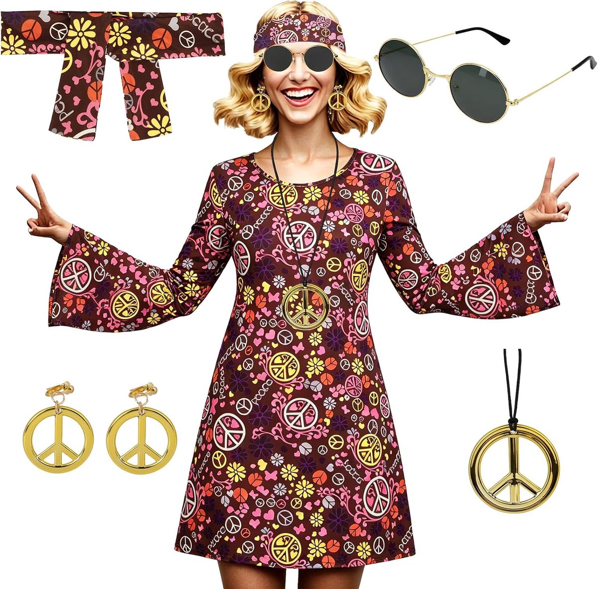 Hippiekostuum voor dames, 6-delig, hippiekostuum, accessoires met halsketting, oorbellen, hoofdband, zonnebril, hippiejurk voor carnaval en Halloween, B