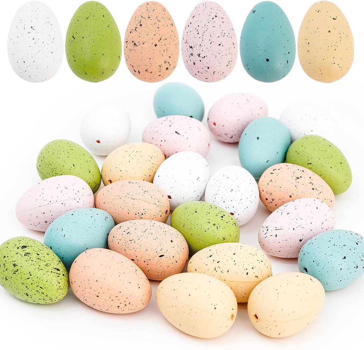 24 stuks paaseieren decoratie 6 x 4 cm kunststof pastel vlekken eieren kunstmatige vogeleieren voor paasontbijt weergave DIY handwerk thuis schaal vulstoffen decoratie (6 kleuren)