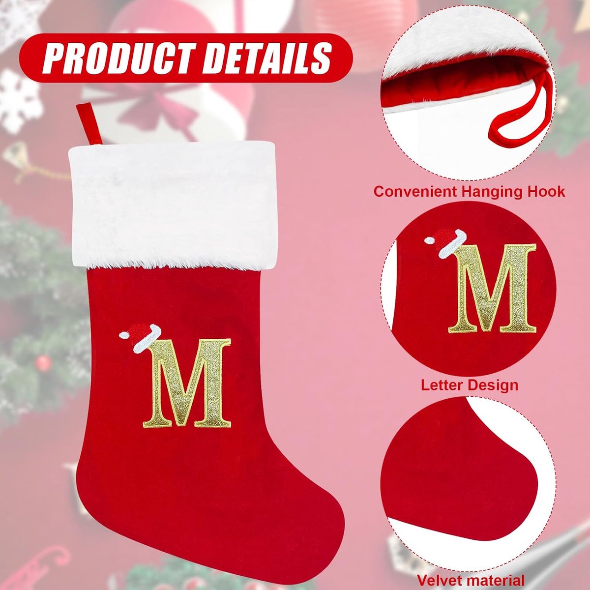 Kousen 50 cm Gepersonaliseerde kerstkous met letter groot monogram rode kerstkousen met naamplaatje pluche hangende kousen geschenken sok voor kerstversiering boom vakantie ornament (M)