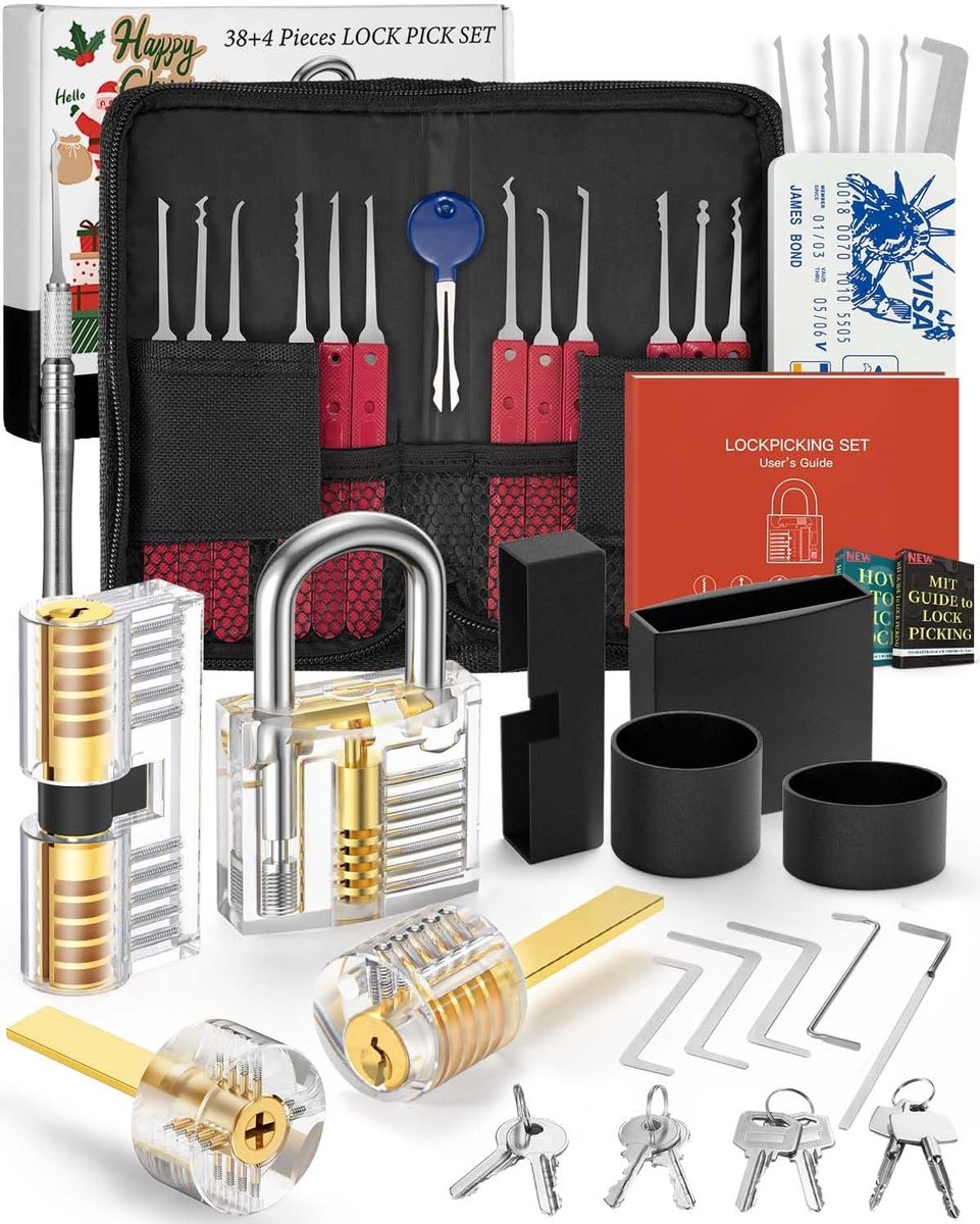 38 + 4-delige lockpicking-set, [2026 Nieuwe Lockpick Ervaring] Lock Picking Tool Kit met 4 Transparante Training Hangsloten, Geschikt Voor Beginners en Professionele Slotenmakers, Rood