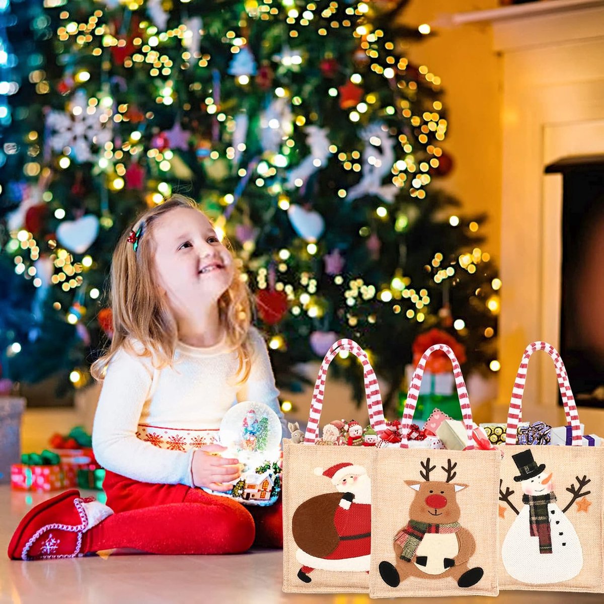 3 stoffen kersttassen, kerstzakken, stoffen zakken, kerstcadeauzakjes met handvat, kerstman, sneeuwman, eland, voor het verpakken van snoep, bonbons, (stijl C)