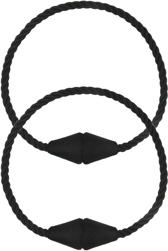 Deux cordons de rideaux magnétiques noirs tressés avec un détail noir en losange, en cercle sur fond blanc.
