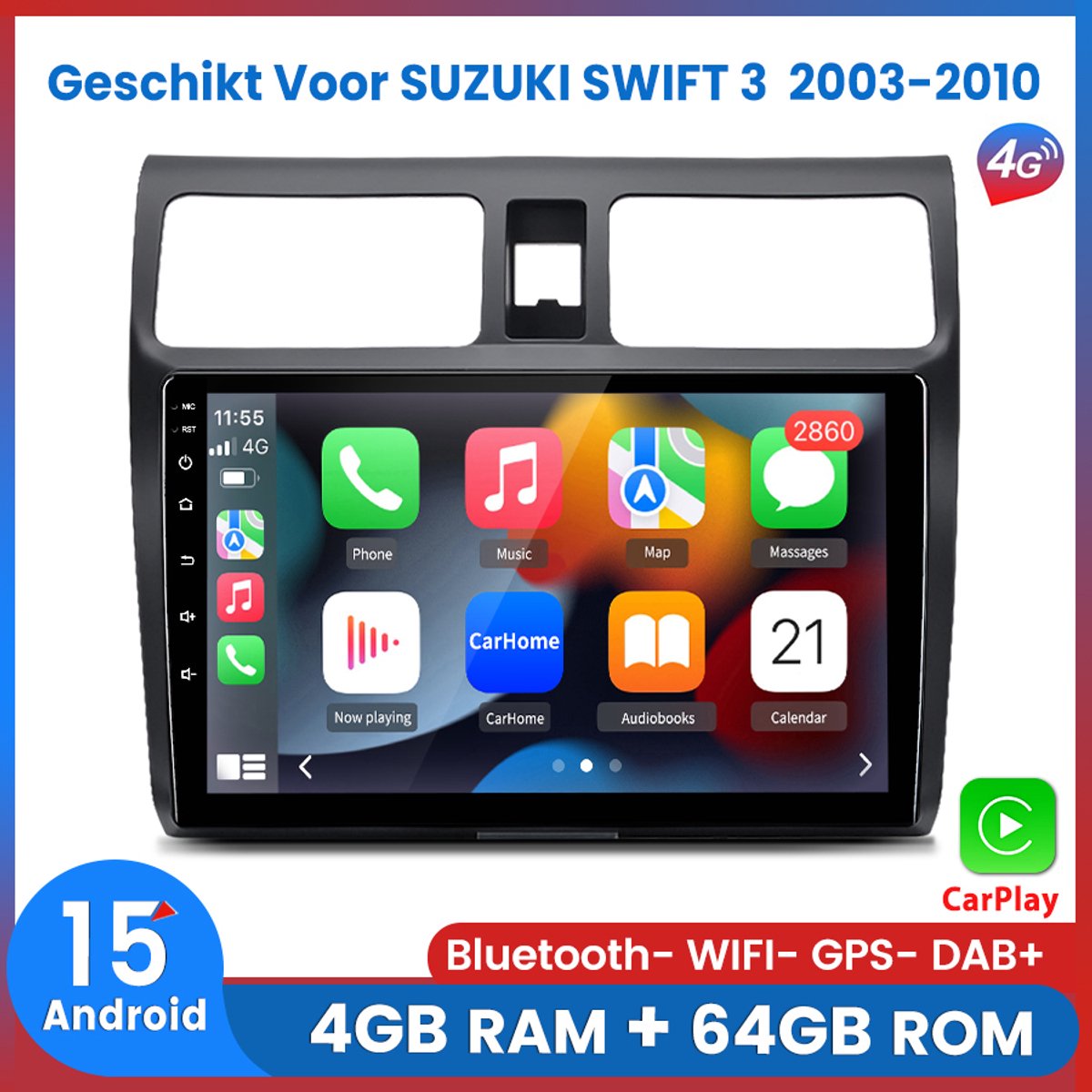 Awesafe 8-Core 4+64GB Autoradio - Geschikt Voor SUZUKI SWIFT 3 2003 t/m 2010 - Draadloze Apple Carplay Android Auto - Android 15.0 Systeem - 10.1 Inch IPS Touchscreen - GPS Navigatie 4G WiFi Bluetooth RDS DSP - 2003 2004 2005 2006 2007 2008 2009 2010
