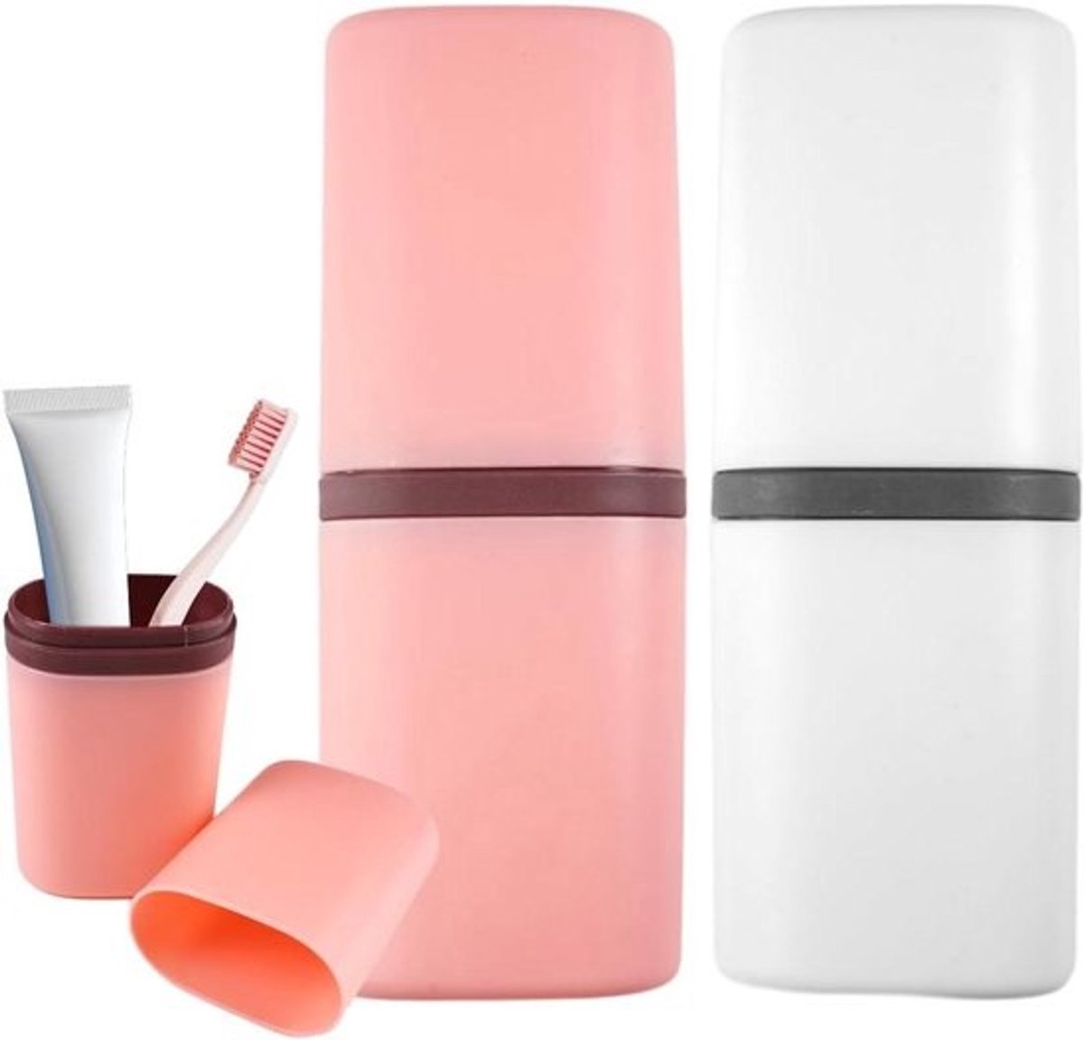 Tandenborsteletui 2 stuks - Tandenborstelbeker reizen - Hygiënisch opbergen - Plat design - 195 cm - Roze en wit