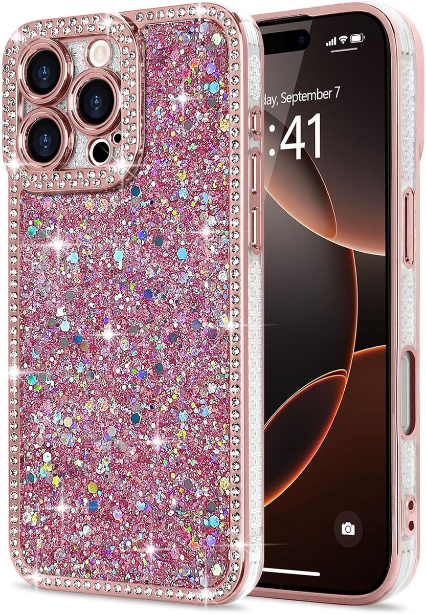 Lafunda voor iPhone 16 Pro Hoesje voor Vrouwen Meisjes, Luxe Bling Glitter Diamanten Kristal Festival Glanzende Camera Bescherming Schokbestendige Silicone TPU Telefoonhoes voor iPhone 16 Pro 6.3