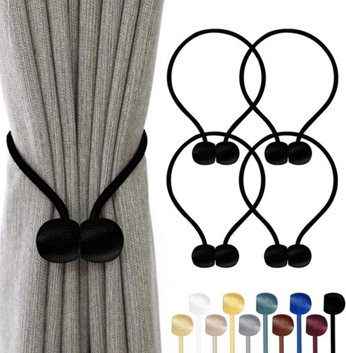 SnelShoppen - Pack van 4 Magnetische Gordijnhouders met Sterke Magneten, 10 Kleuren, Ideaal voor Woonkamer, Slaapkamer, Badkamer, Kantoor, Zwart