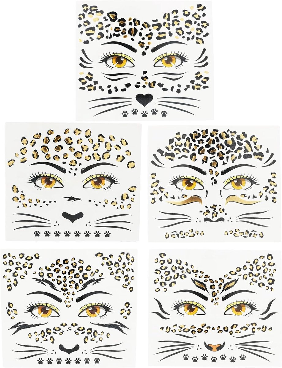 5 stuks tatoeages, luipaard, luipaard, tattoo-stickers, voor make-up, tijdelijke tatoeages met glinsterende stenen voor dames, carnaval, Halloween, cosplay