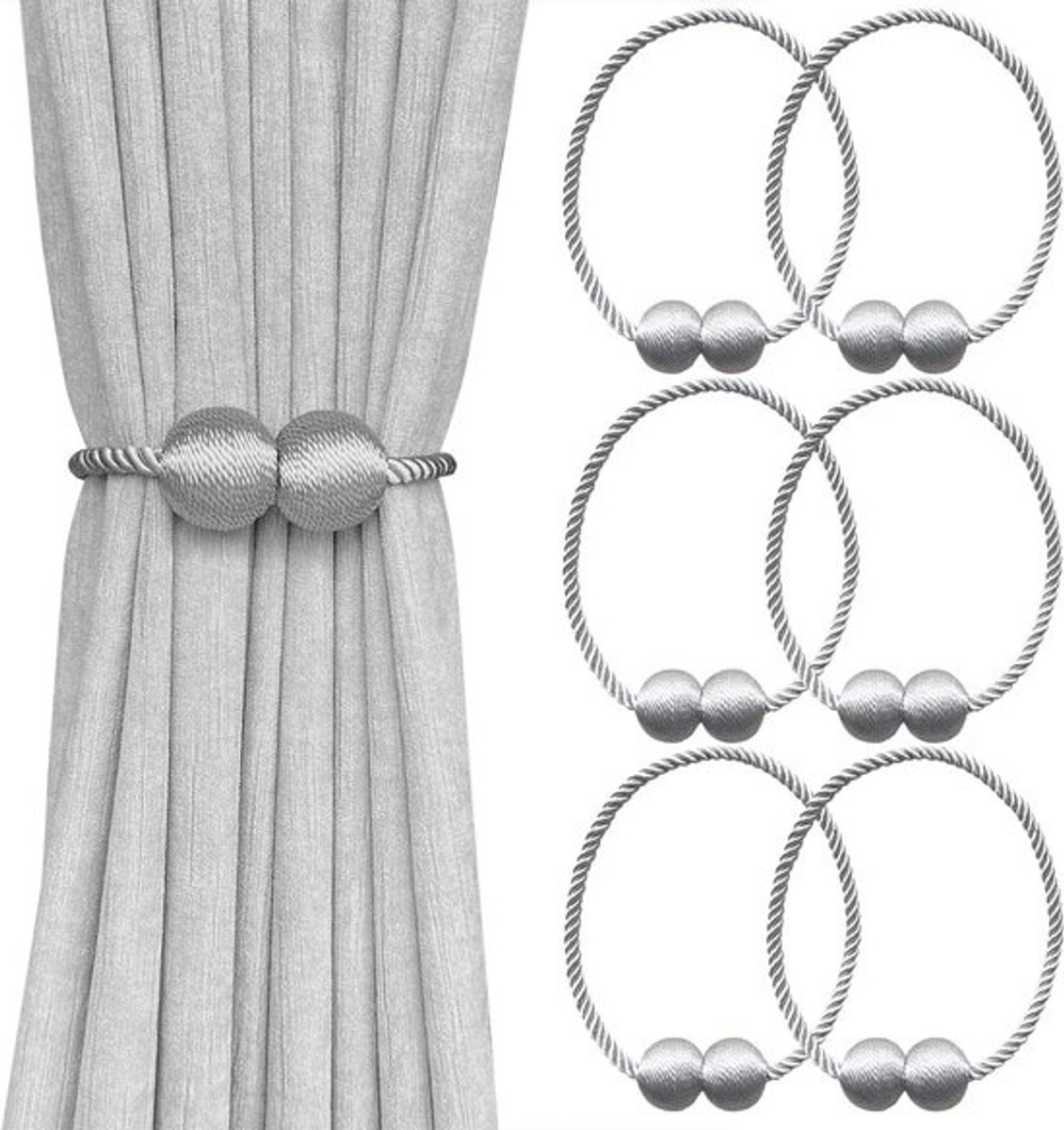 Set van 6 Magnetische Gordijnclips, Decoratieve Gordijnbanden voor Raambekleding (Grijs)