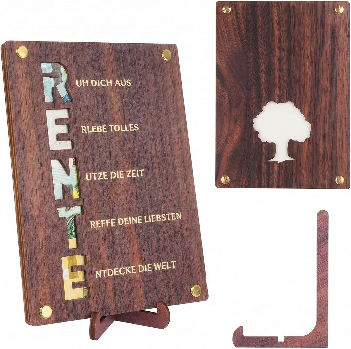 pensioen van hout met standaard, geldgeschenkverpakking, kaart pensioen, pensioen, decoratie voor collega's of familie, pensioenintrede cadeau vrouw, afscheidscadeau gepensioneerde