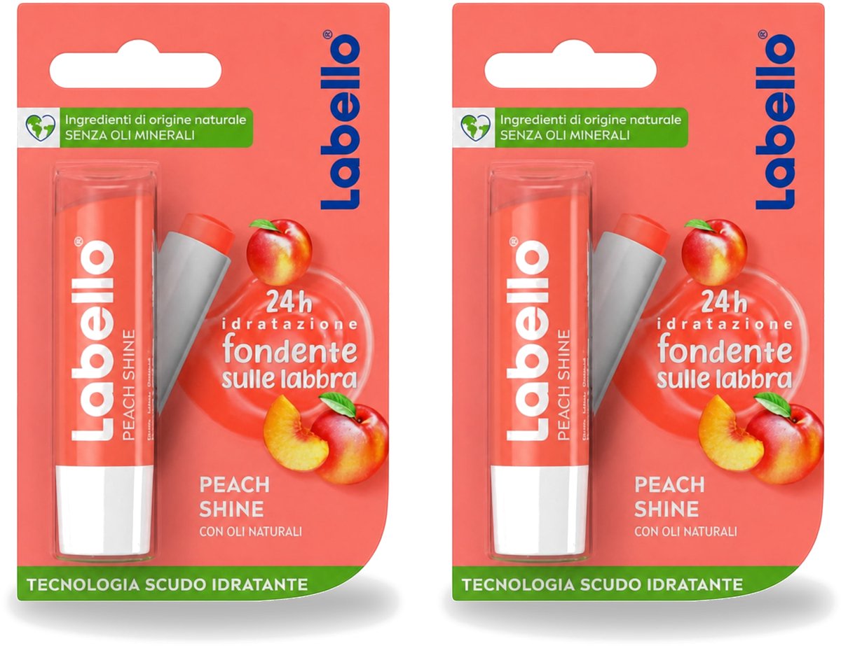 2 x Labello – Lippenbalsem – Fruity Peach Shine – Vegan - Voordeelverpakking - 2 stuks