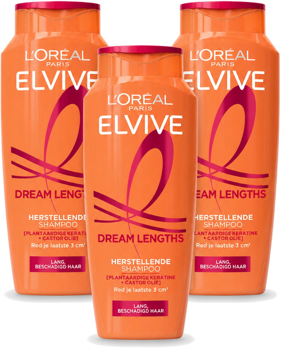 3 x L'Oréal Paris Elvive - Shampoo - Dream Lengths - Voor Lang, Beschadigd Haar - 250 ml - Voordeelverpakking - 3 stuks