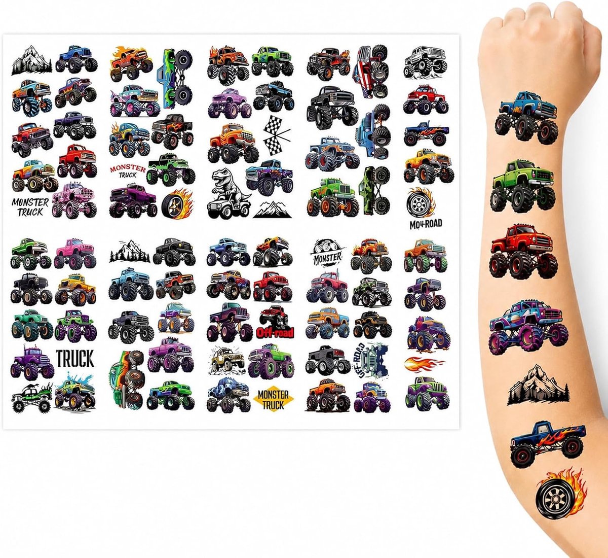 10 vellen tatoeages voor kinderen, monstertruck, kindertatoeages, coole trucks, kindertatoeages, waterdicht, huidvriendelijk, coole kindertatoeages voor feest, cadeautje voor kinderverjaardag