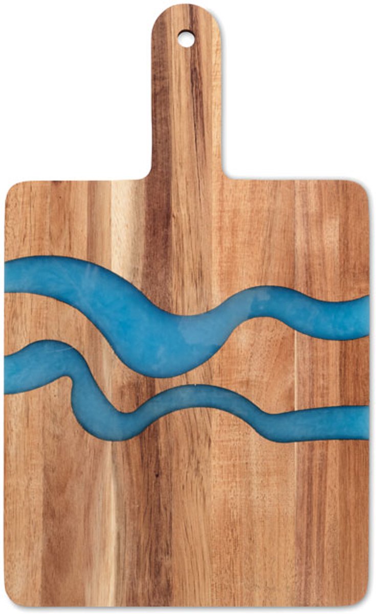 Design acacia houten serveerplank met epoxyhars detail en handvat.