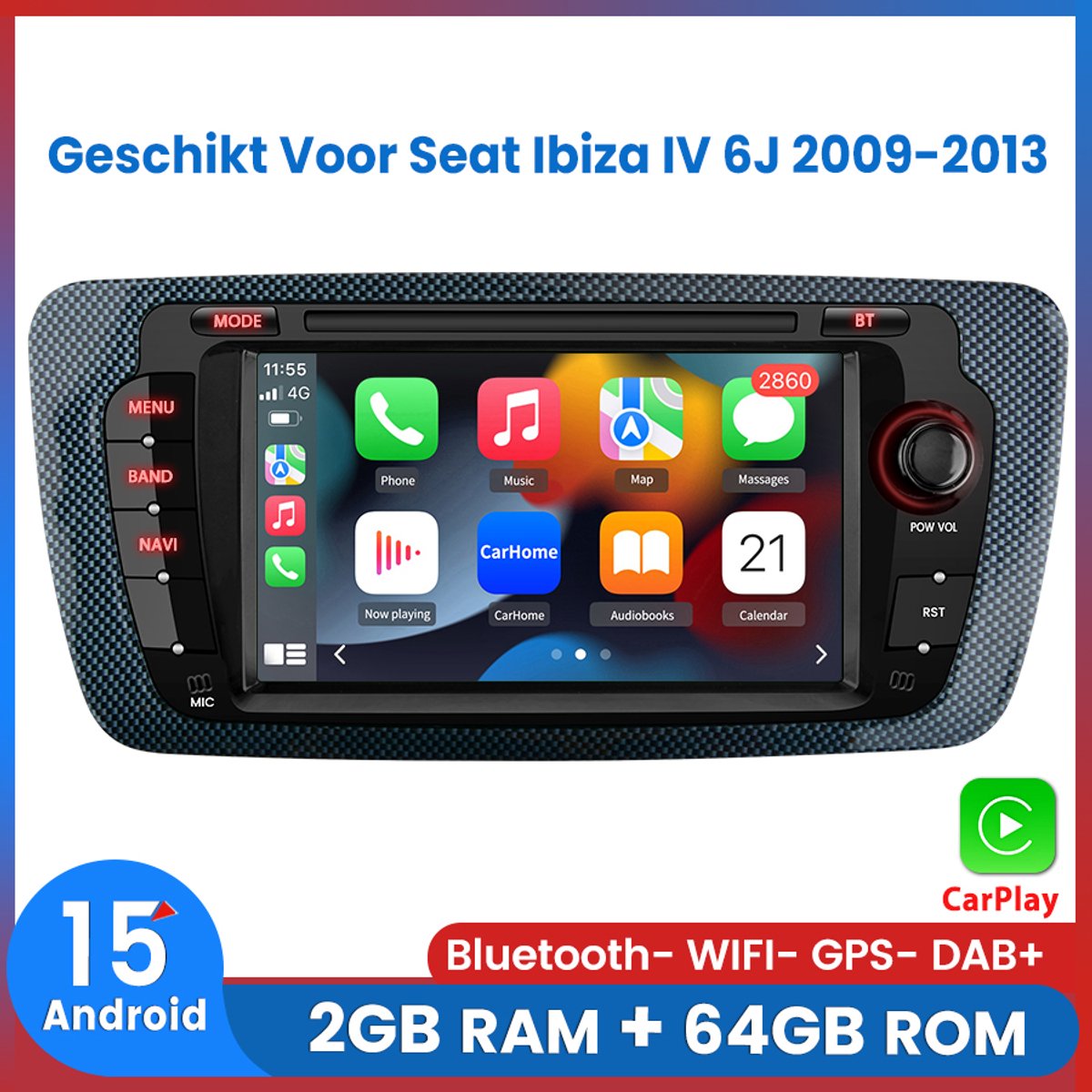 Awesafe Autoradio - Geschikt Voor Seat Ibiza IV 6J 2009 t/m 2013 - Draadloos Apple Carplay & Android Auto - Ram 2GB + Rom 64GB - Android 15.0 Systeem - 7 inch HD touchscreen - Navigatie GPS Bluetooth & Wifi - 2009 2010 2011 2012 2013
