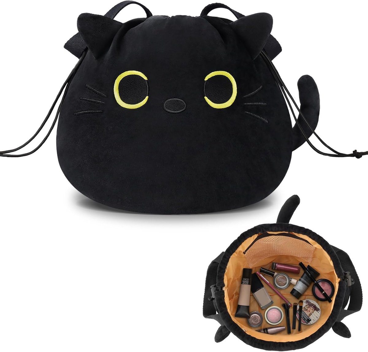 make-uptas met trekkoord - Grote capaciteit schattige reizen toilettas tas tas organizer - unieke gag geschenken voor vrouwen meisjes, Catblack-01, Schattig