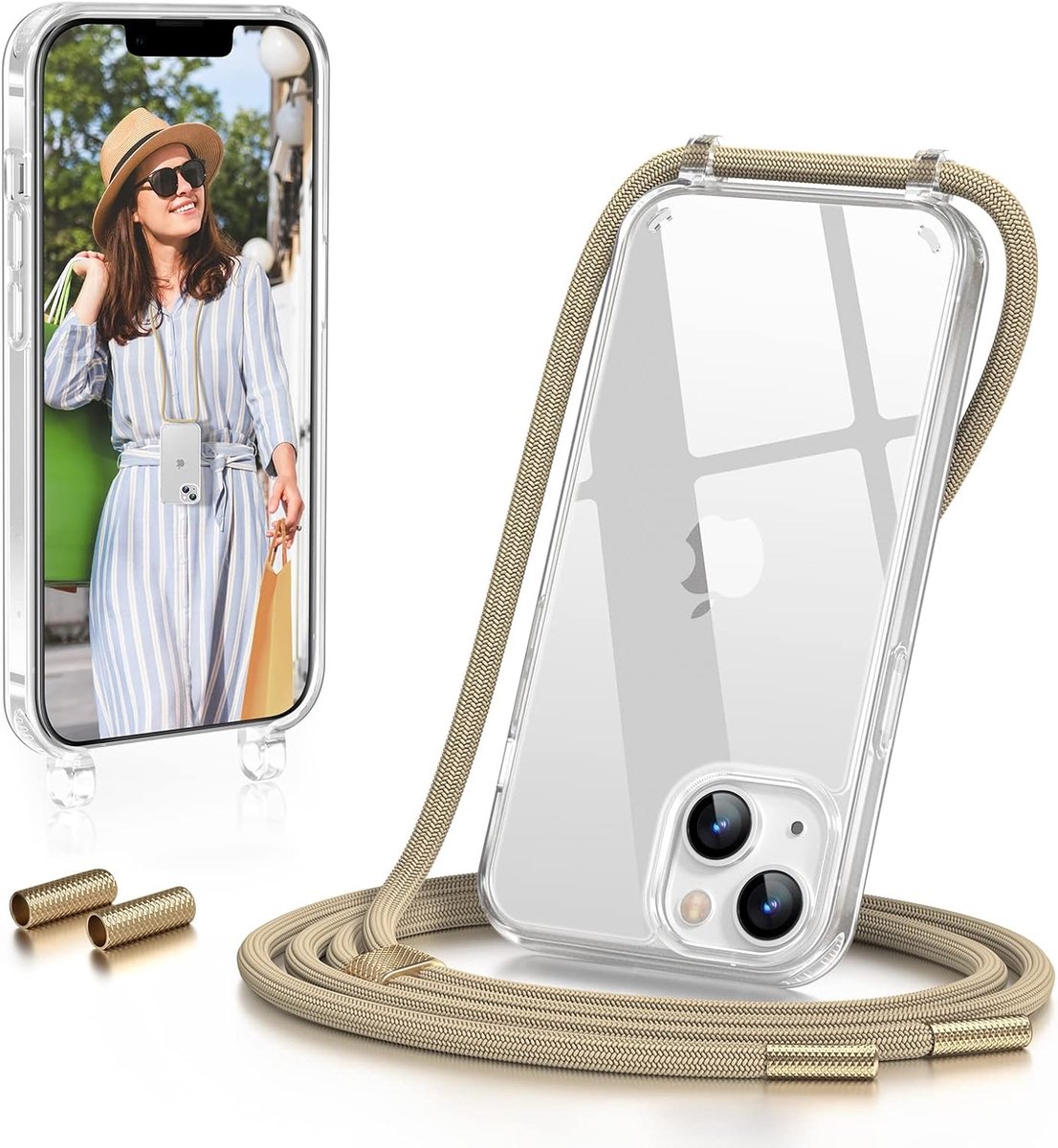 Kettinghoes voor iPhone 14 met Koord 6,1 inch,Lichtbruin