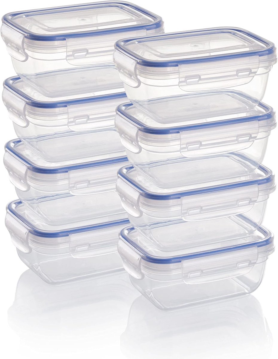 Plastic Luchtdichte Voedselopslagcontainer set, 8x meal prep containers met deksels, rechthoekig, stapelbaar, breukvast, magnetron- en vaatwasmachinebestendig