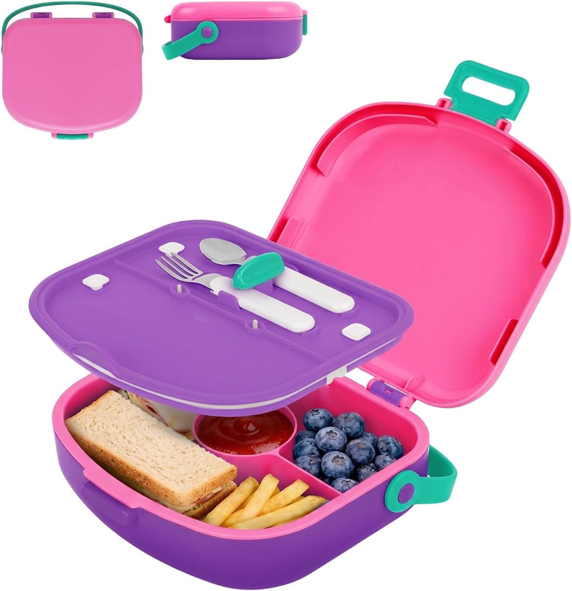 Broodtrommel voor kinderen met 4 vakken, lunchbox met bestek voor school en picknick, 1300 ml lekbestendig, voedselveilig BPA-vrij, draagbaar ontwerp met handgreep, stevig, roze
