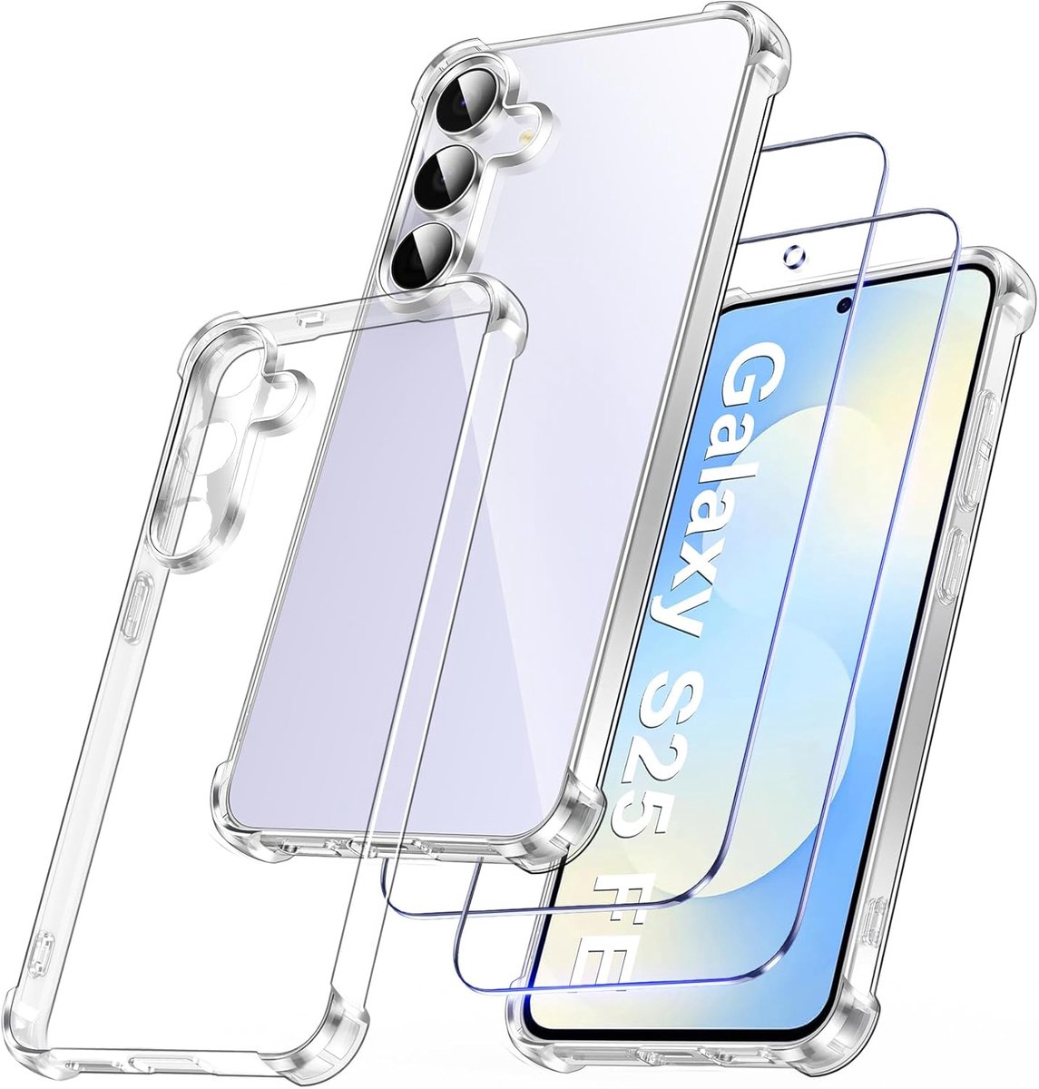 Casemania Hoesje + Glas Geschikt voor Samsung Galaxy S26 FE - Transparant - Anti Shock Back Cover + 2X Glazen Screenprotector